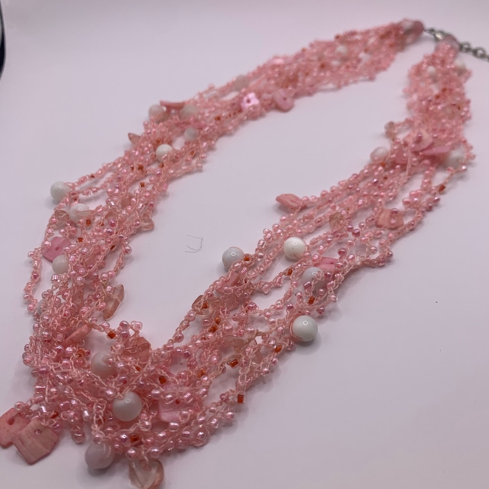 Vintage Pink Summer 8 Strand Beaded Boho Necklace 10”‎ Lobster Claw Closure